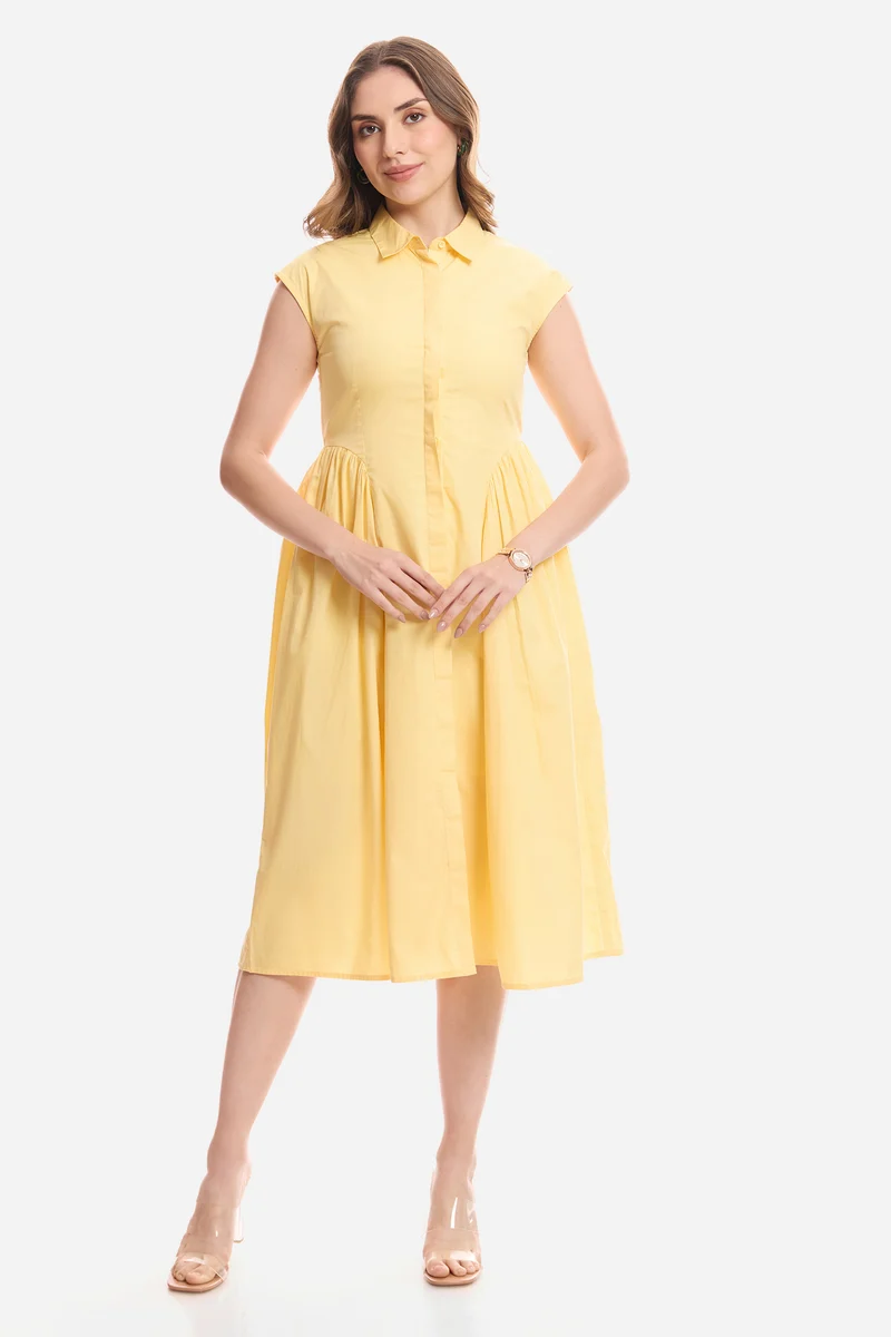 Eltie|100% Cotton Gathered Shirt Midi Dress