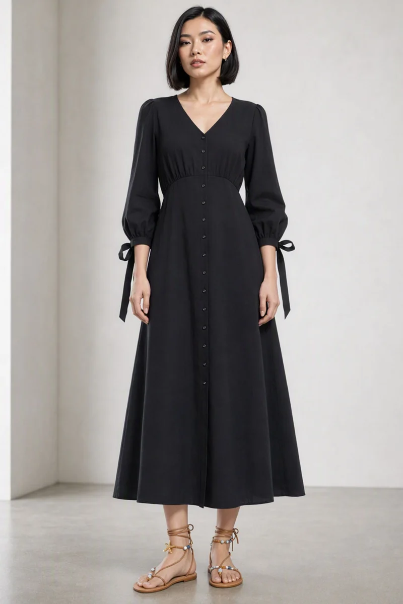 Oltia|100% Cotton V-Neck Bow Tie Maxi Dress