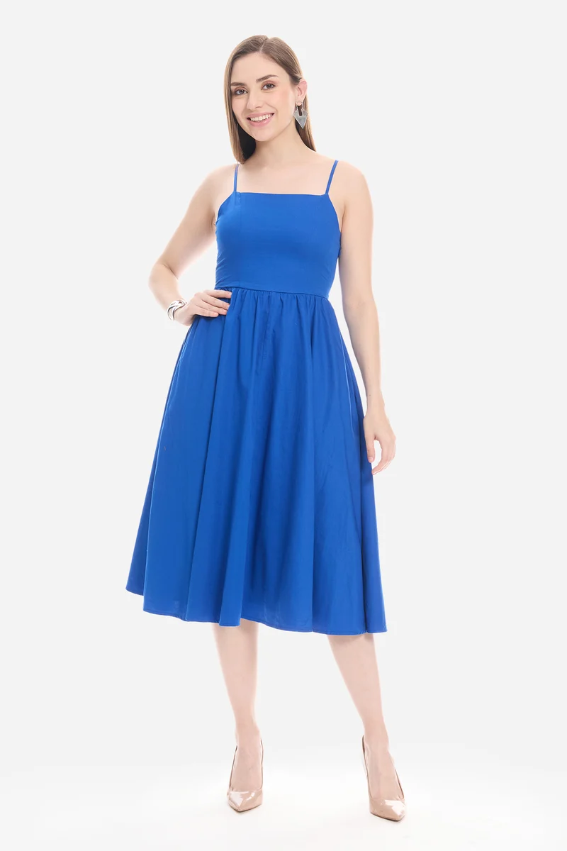 Ollen|100% Cotton Strappy Fit & Flare Dress