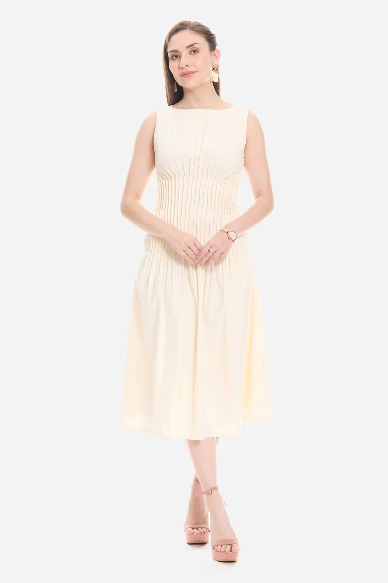 Olny| 100% Cotton Pleated Front Midi Dress