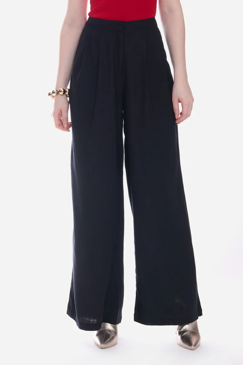 Rorie|100% Viscose Pleated Wide-Leg Trousers