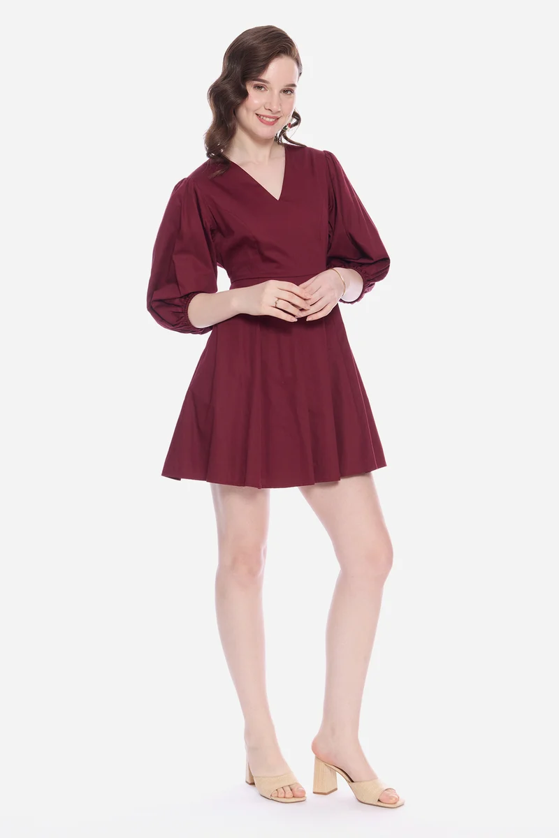 Naana|100% Cotton V-Neckline Mini Dress