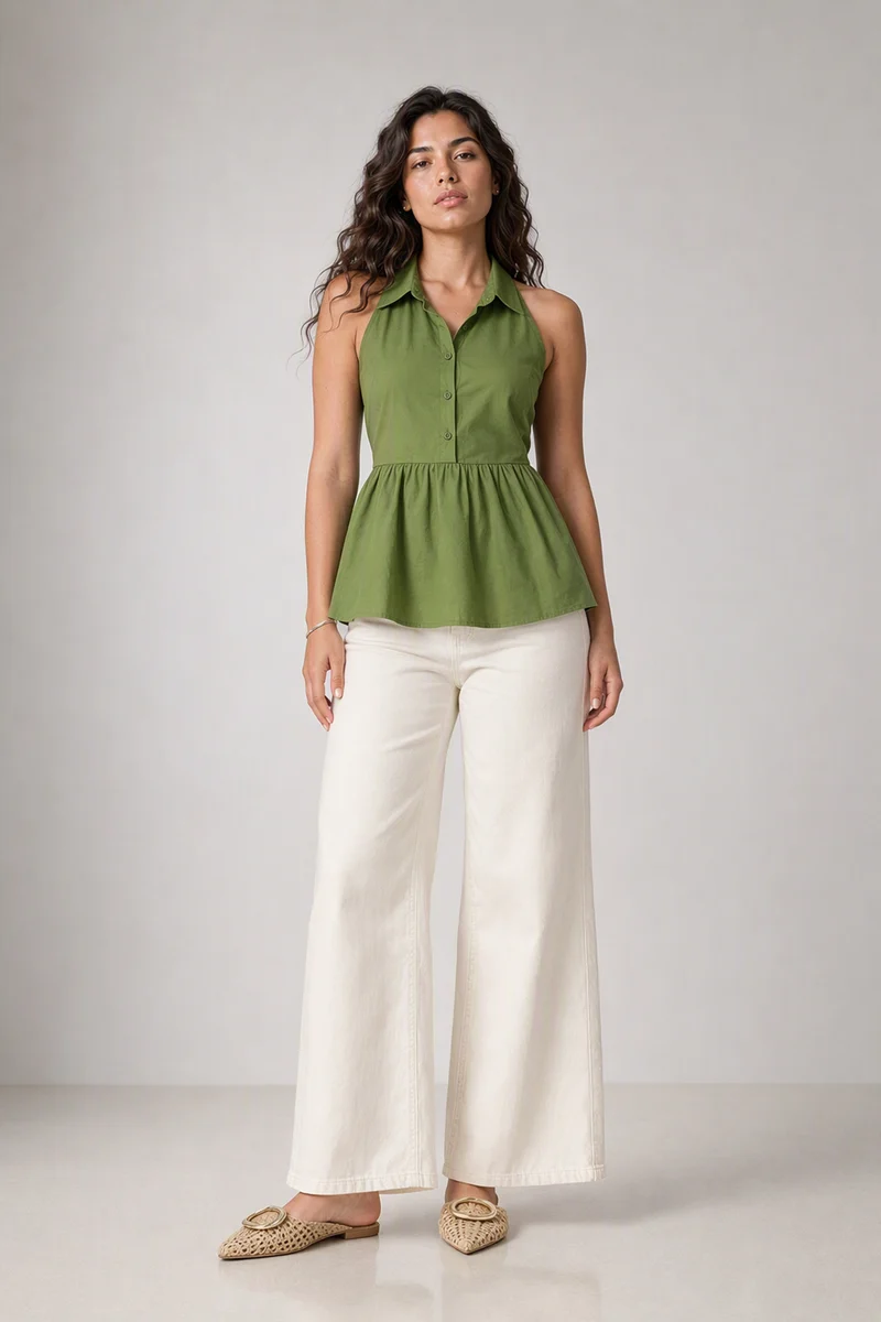 Nasna|100% Cotton Collared Halter Neck Peplum Top