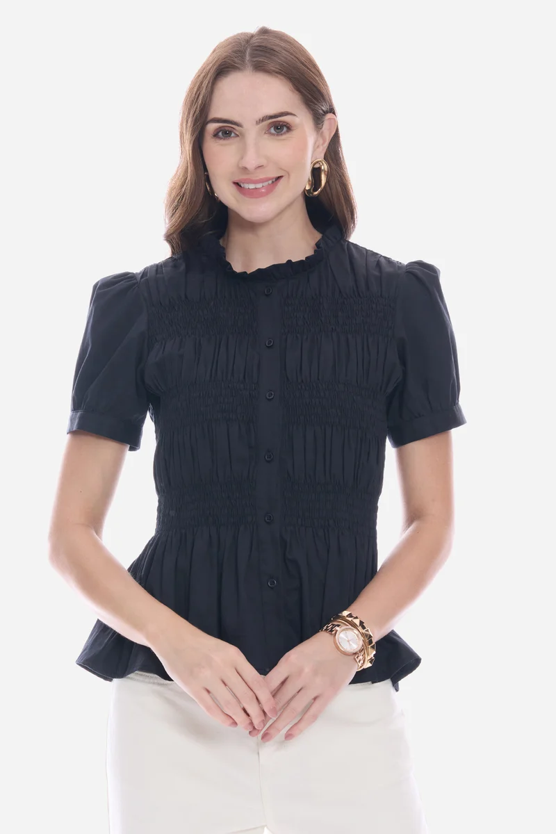 Narie|100% Cotton Smocked Fitted Peplum Top