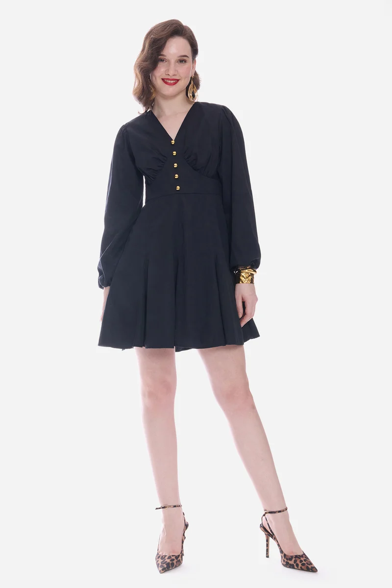 Romah|100% Cotton Godet Mini Dress With Puff