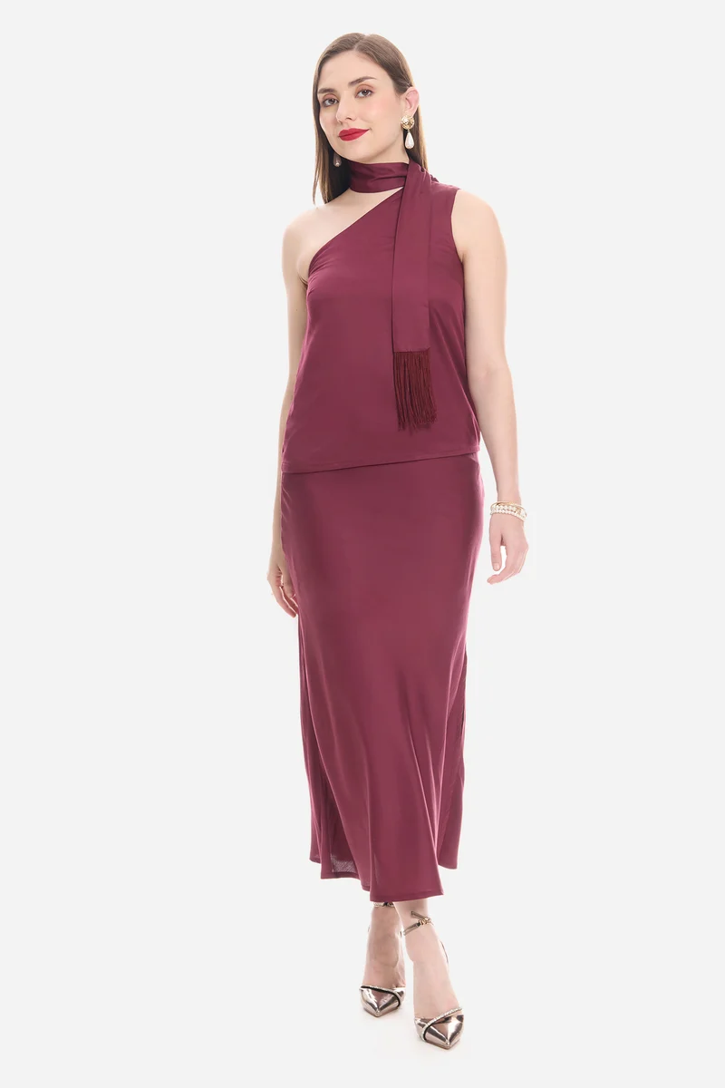 Helion|100% Viscose One Shoulder Top With Skirt