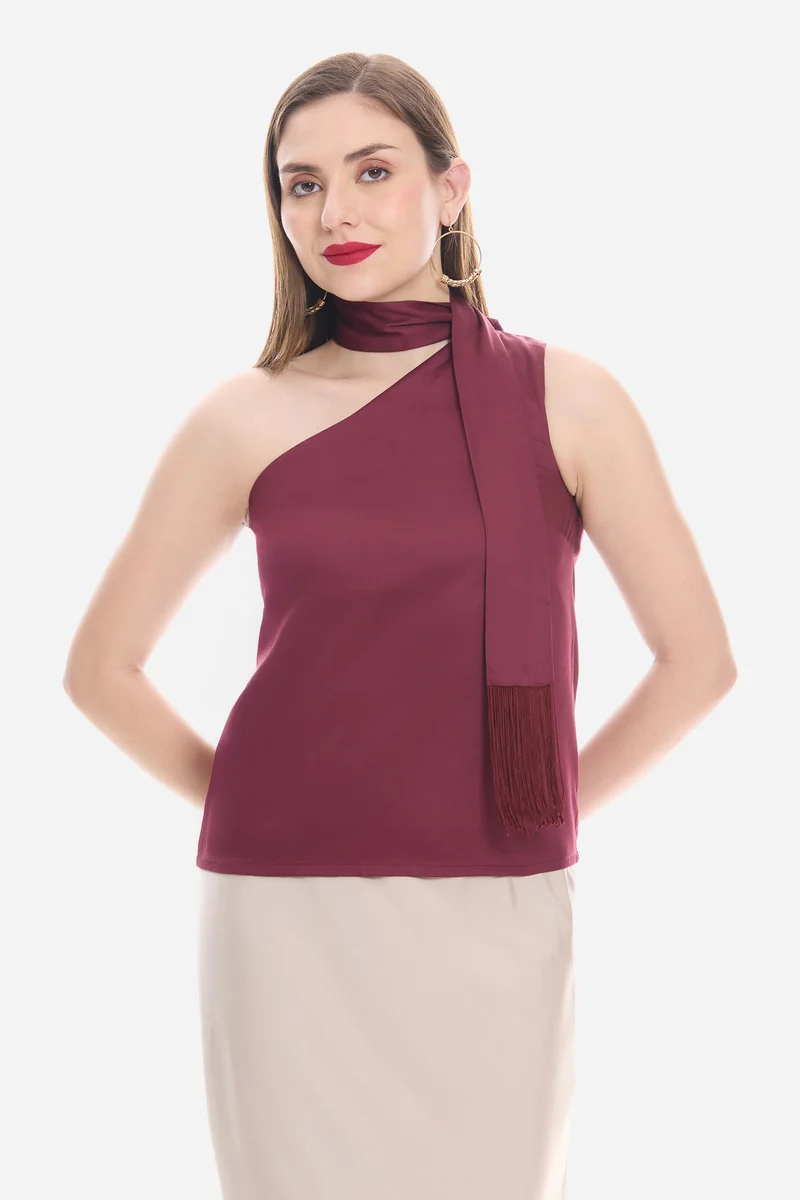 Yovira|100% Viscose One Shoulder Neck Sash Top