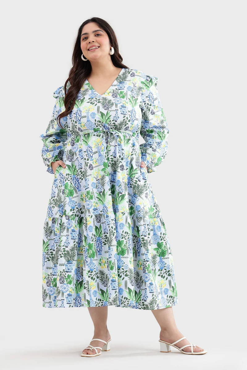Eldel|100% Cotton Printed Waist Tie-Up Dress