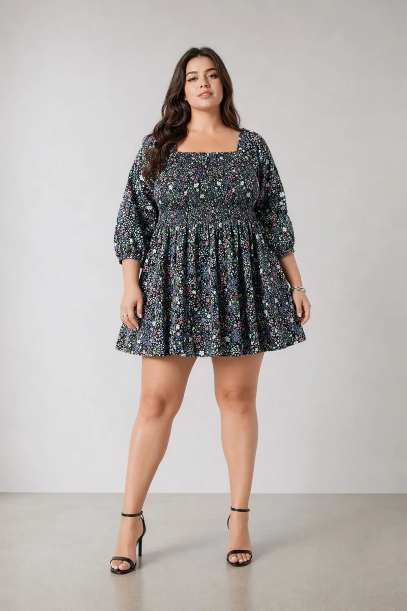 Cany|100% Viscose Printed Smocked Mini Dress