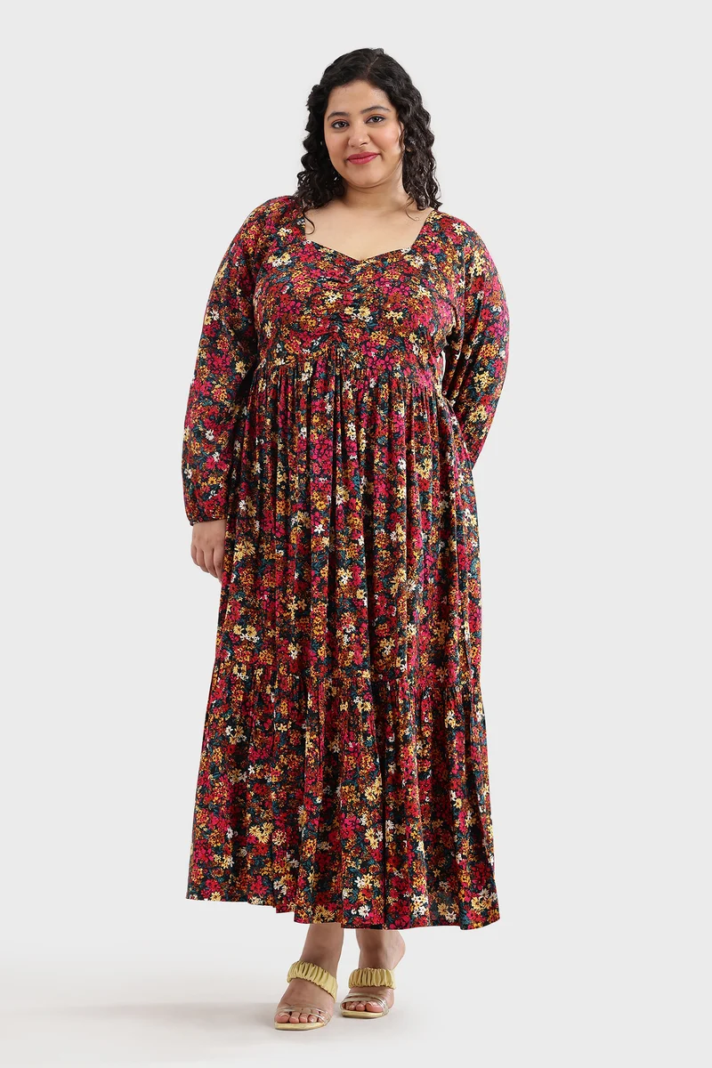 Eleah|100% Viscose Printed Ruched Tiered Dress