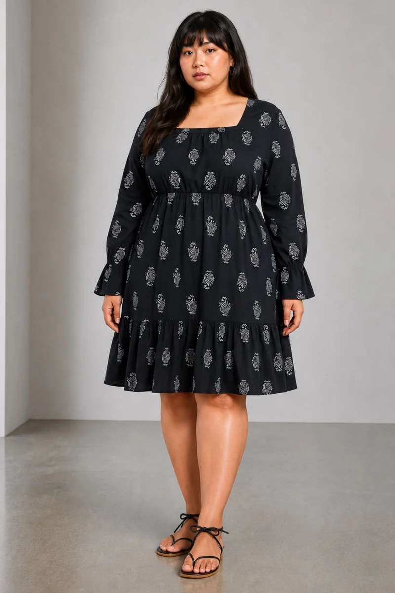 Eldisa|100% Viscose Printed Square Neck Midi Dress