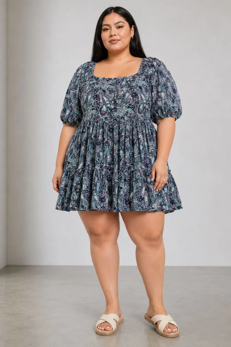 Elmia|100% Viscose Printed Smocked Mini Dress