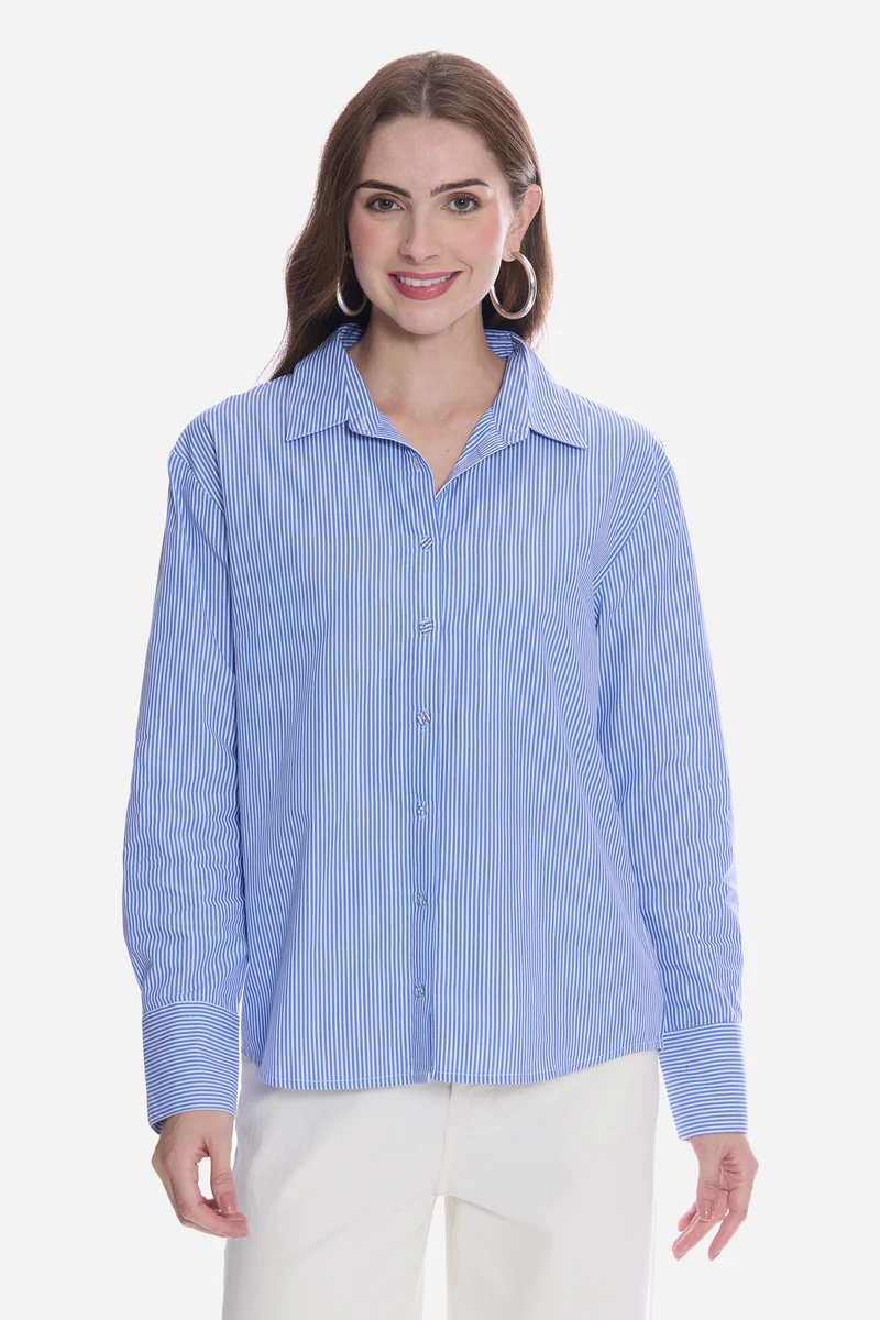 Emila|100% Cotton Blue & White Pin Striped Shirt