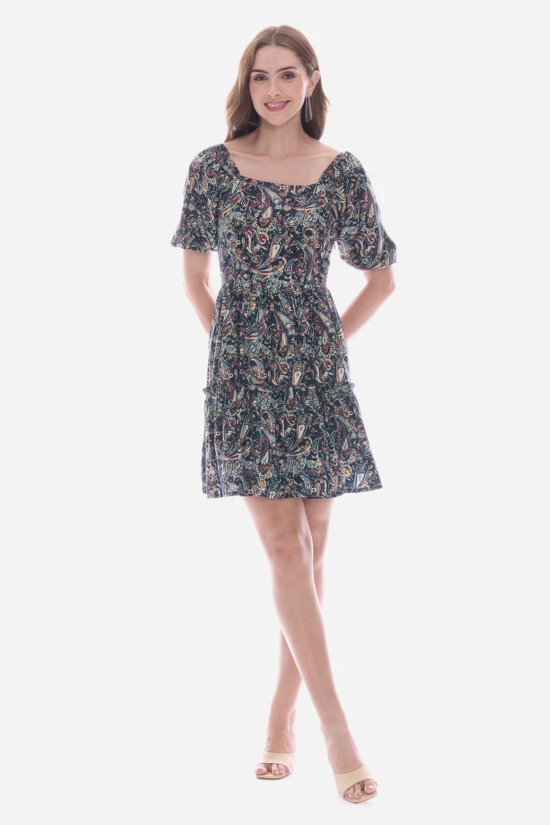 Emiia|100% Viscose Printed Smocked Mini Dress