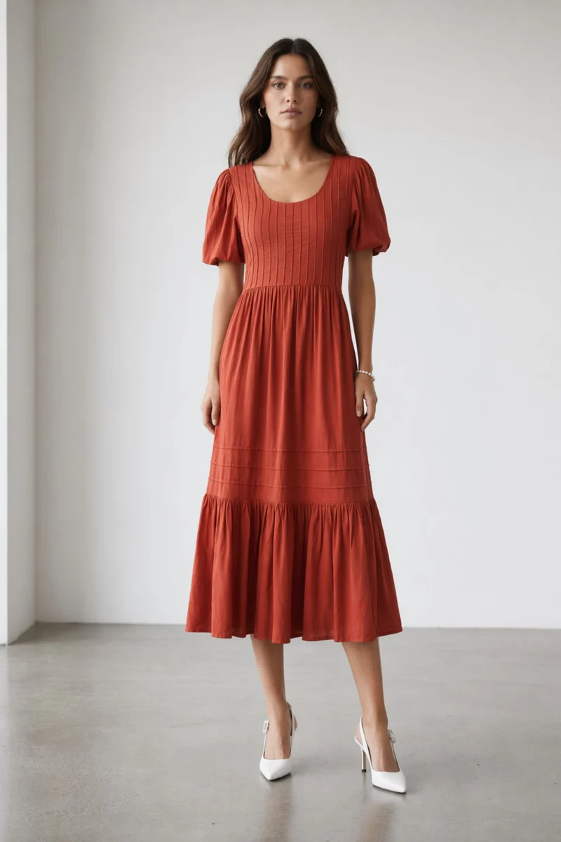 Akanu|100% Viscose Pintuck Midi Length Dress