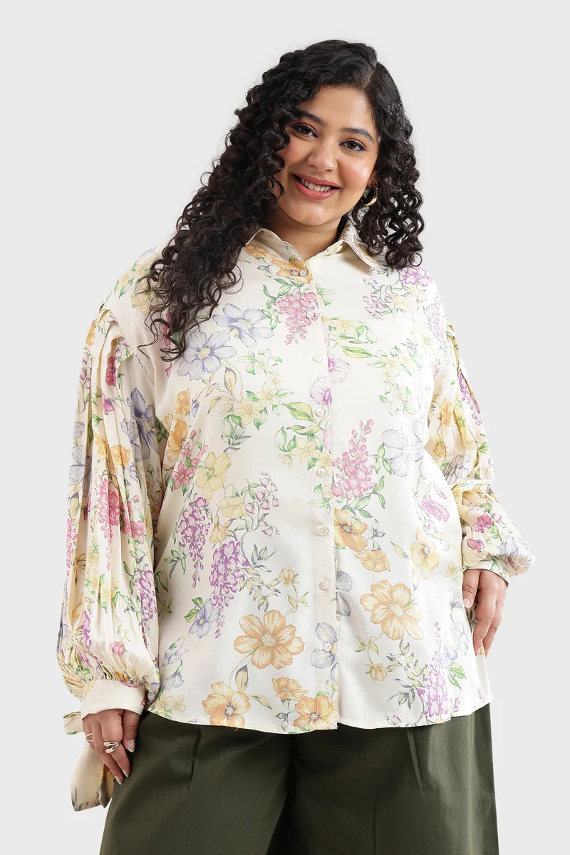 Cadah|Viscose Moss Printed Shirt With Cuff Tie-Up
