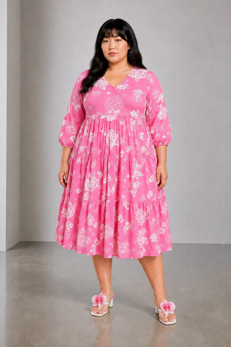 Bevel|100% Viscose Printed V-Neck Midi Dress