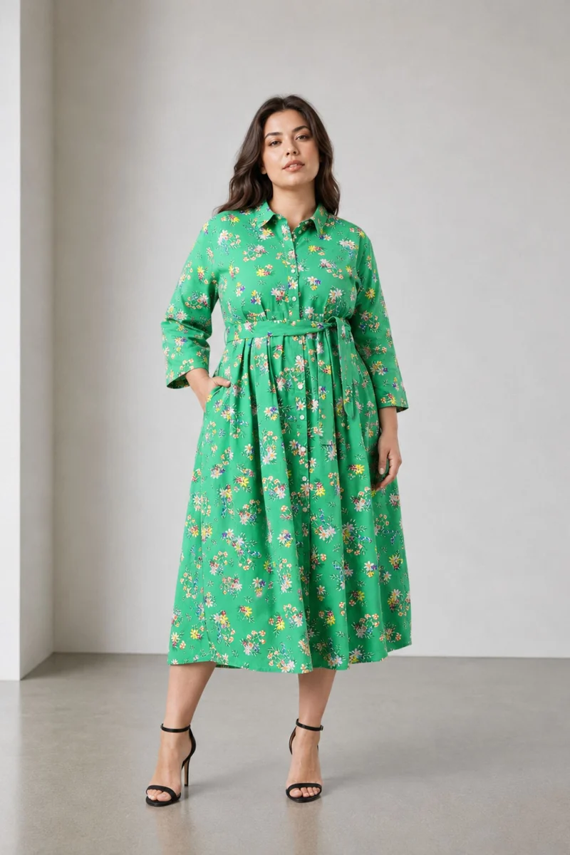 Elois|100% Cotton Shirt Dress With Fabric Tie Up
