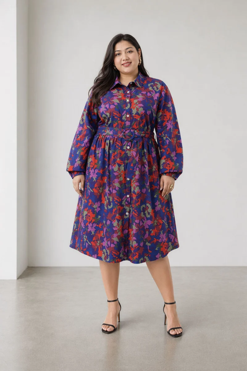 Cana|100% Cotton Printed Shirt Dress With Belt