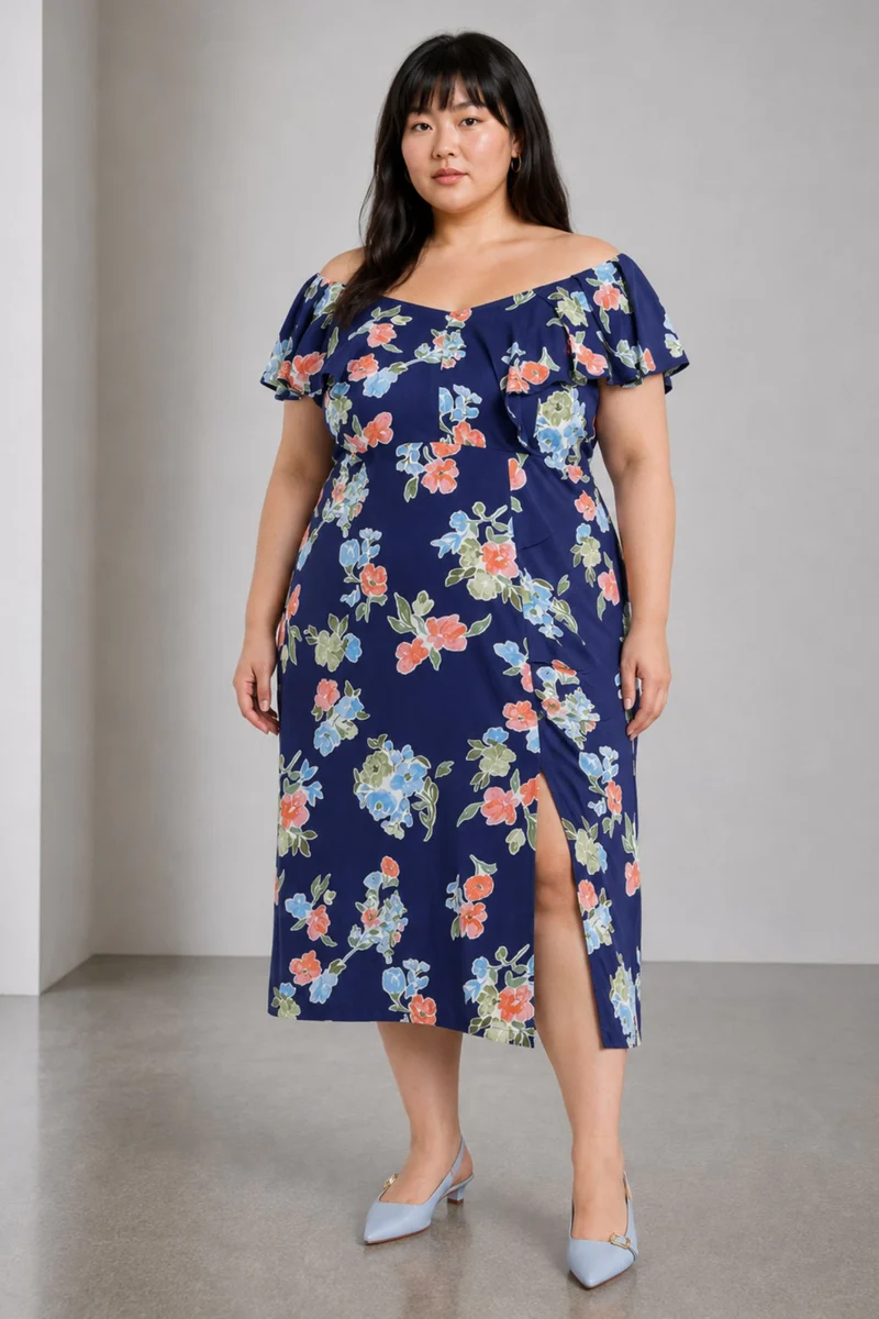 Eloel|100% Viscose Printed Midi Dress With Slit