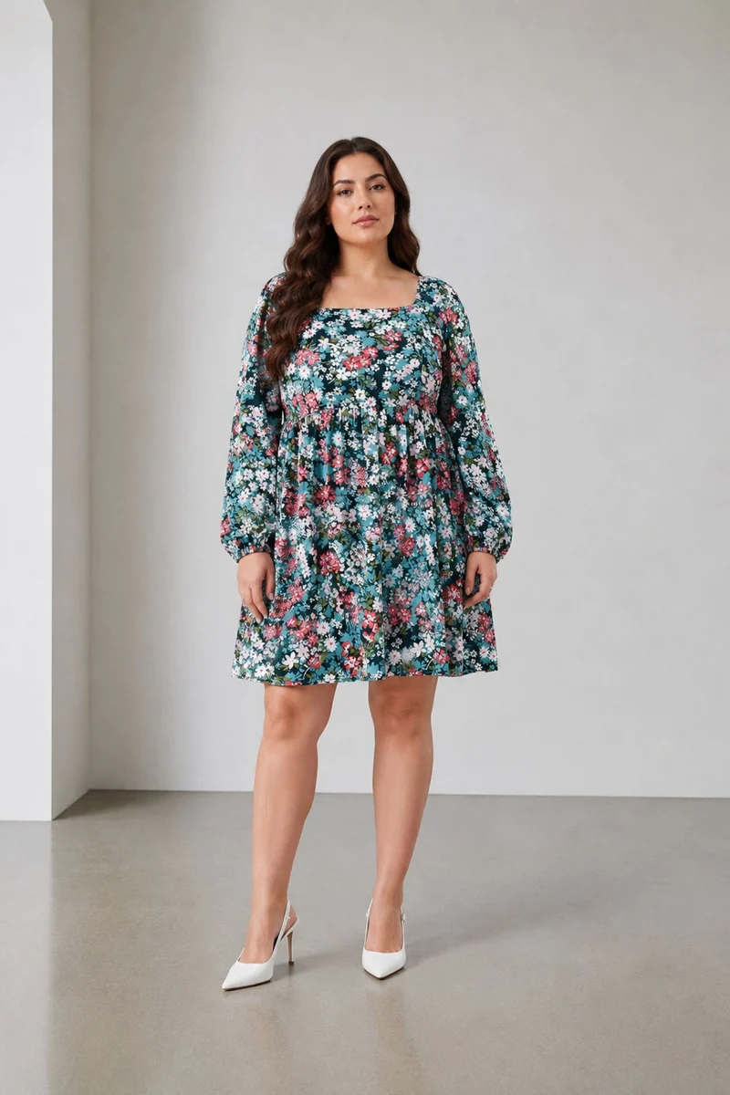 Elnah|100% Viscose Printed Square Neck Mini Dress