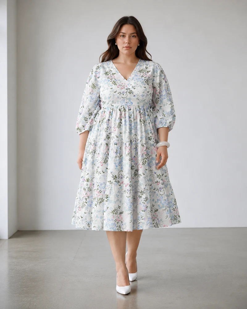 Beva|100% Viscose Printed V-Neck Midi Dress