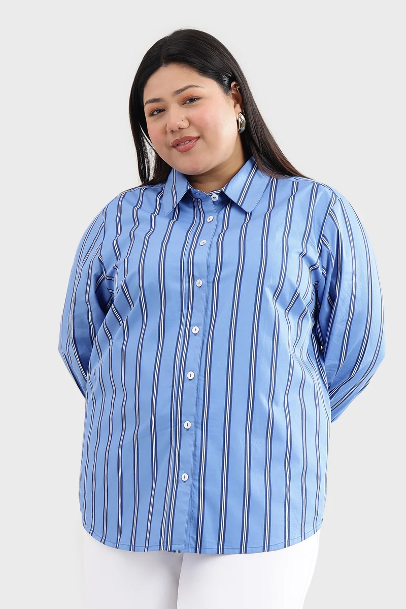 Cary|100% Cotton Blue Striped Regular Shirt