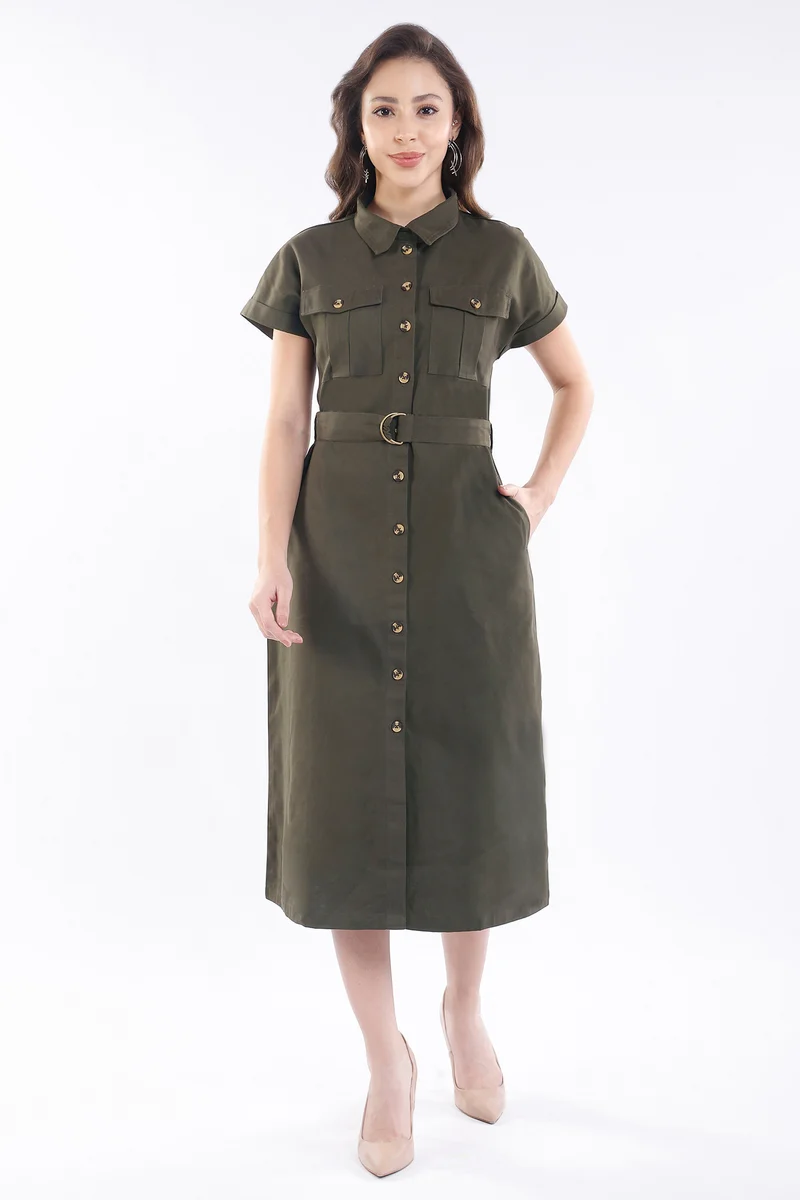 Mei|100% Viscose Utility Midi Dress
