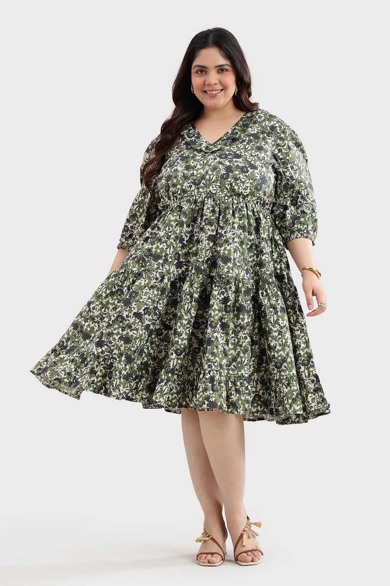 Cavah|100% Cotton Ruffled Printed Mini Dress