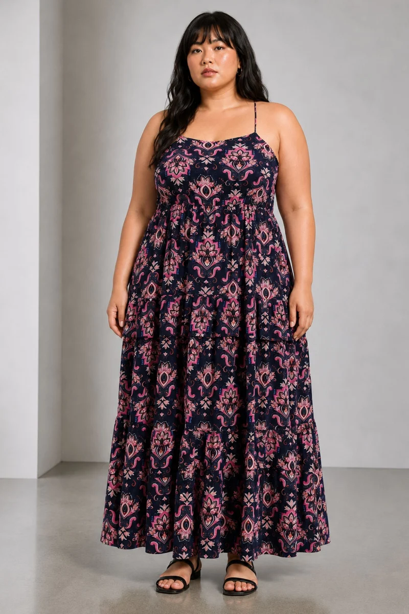 Eldia|100% Viscose Printed Strappy Maxi Dress