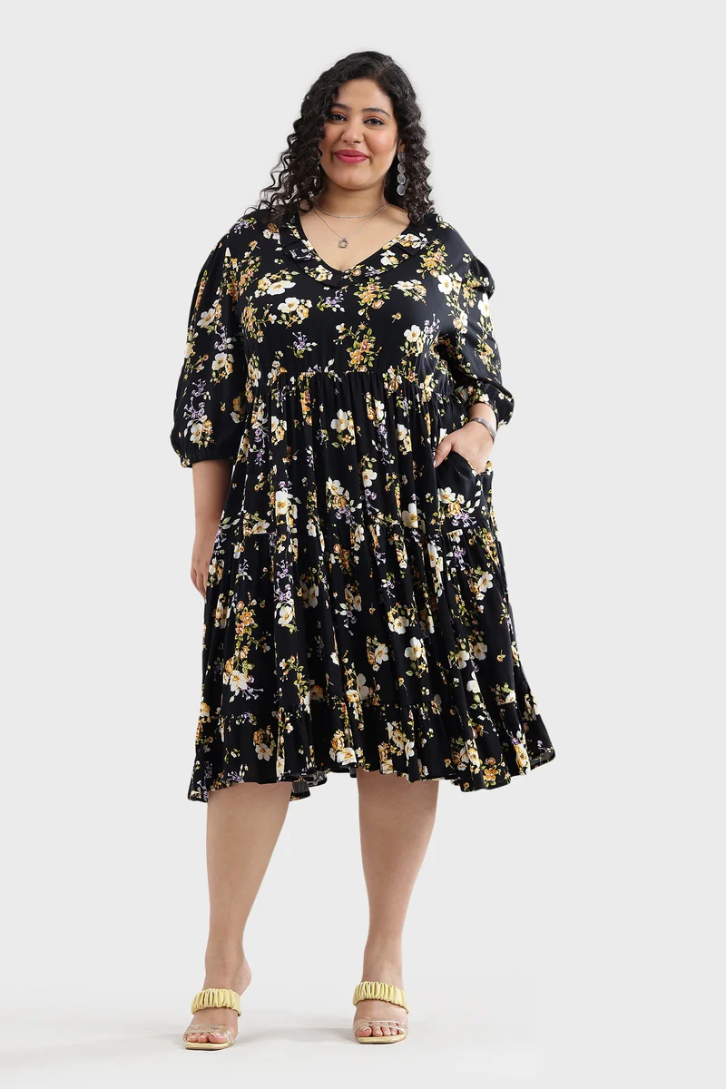 Eldna|100% Viscose Ruffled Printed Tiered Dress