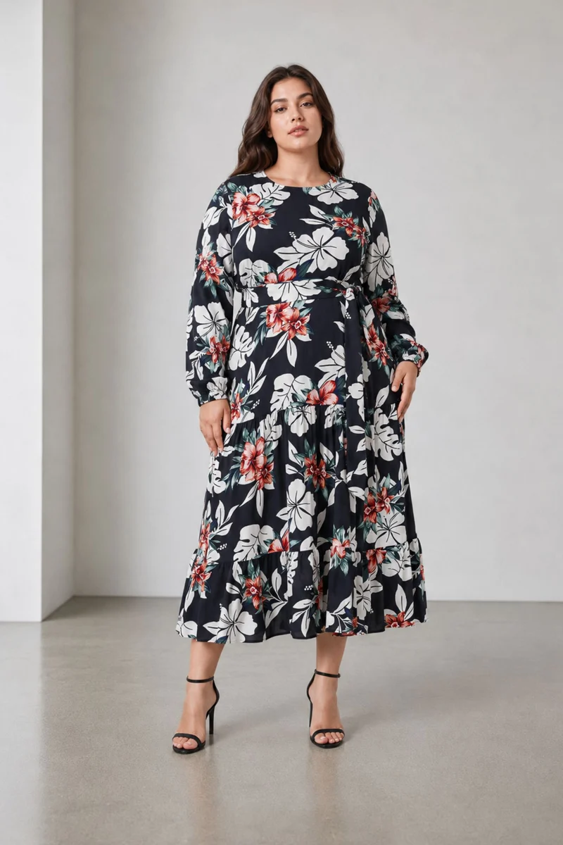 Ellel|100% Viscose Printed Tiered Maxi Dress