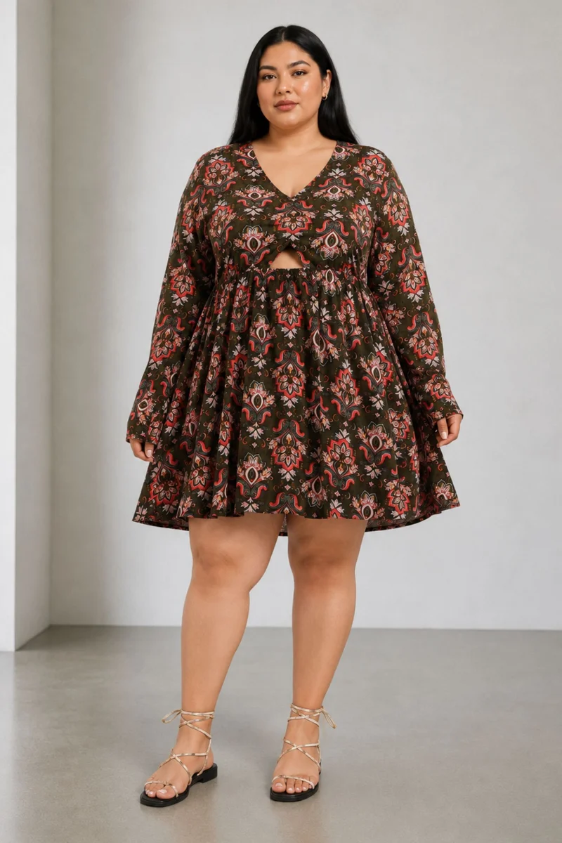 Ellna|100% Viscose Printed Dress With Cut-Out