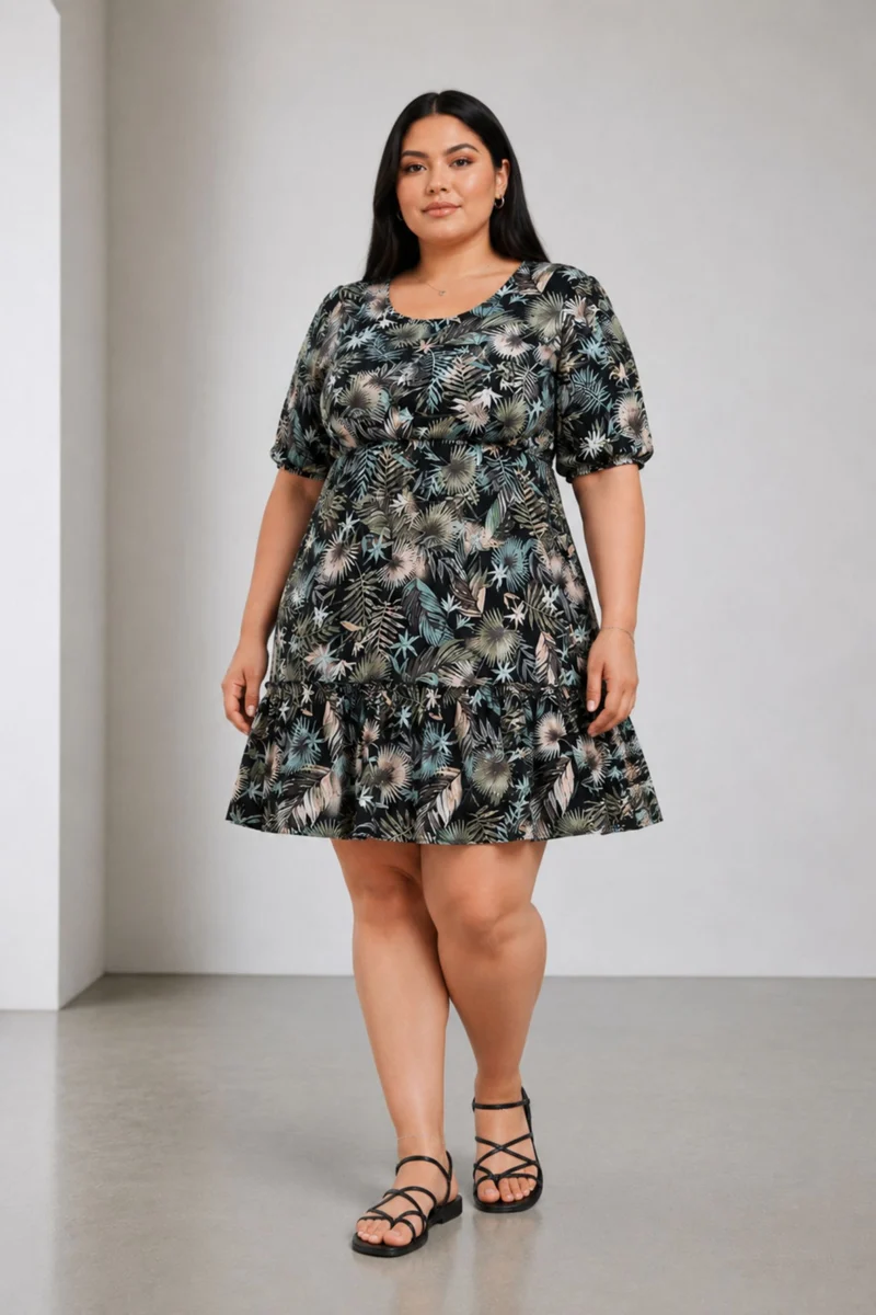 Camia|100% Viscose Printed Tiered Hem Midi Dress