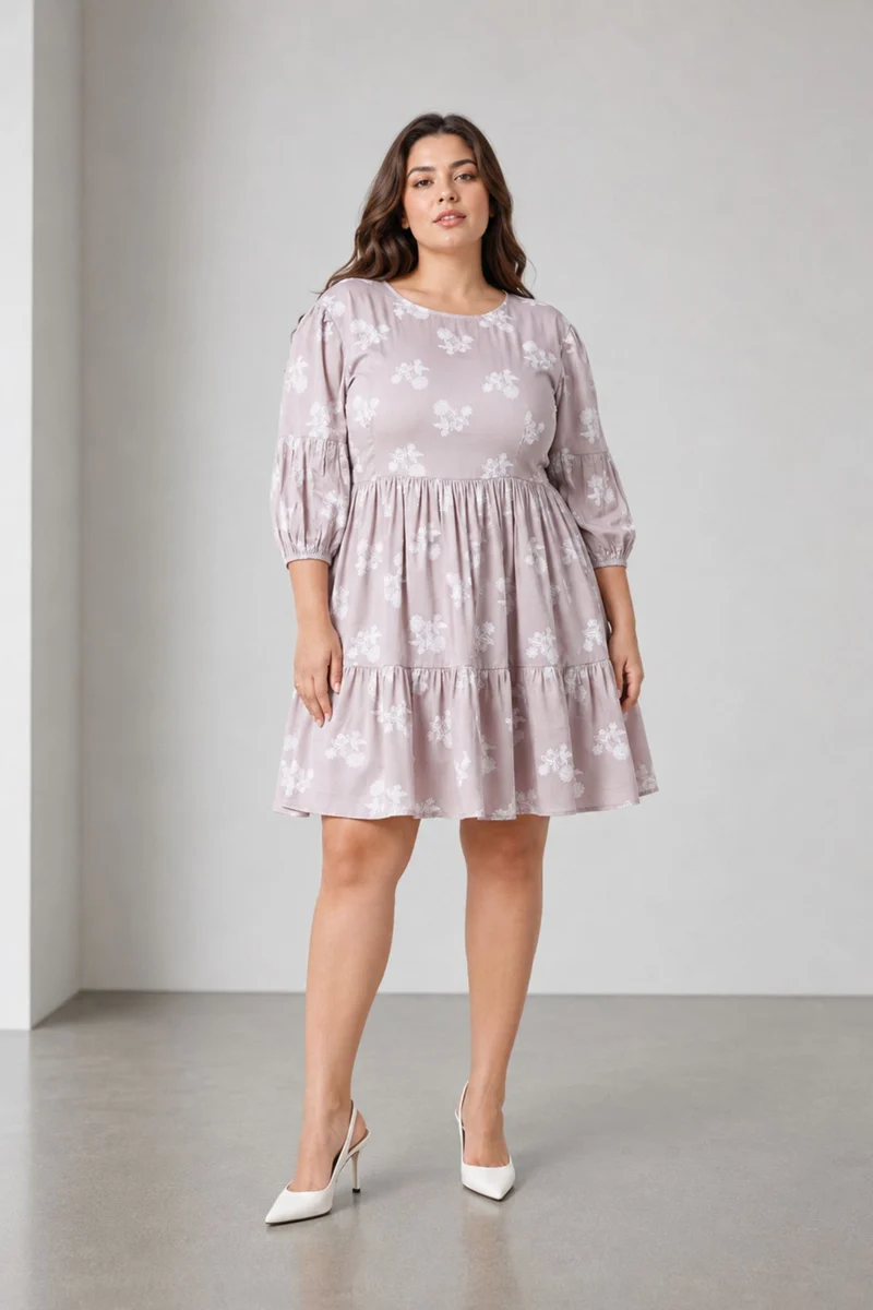 Besy|100% Viscose Printed Tiered Hem Mini Dress