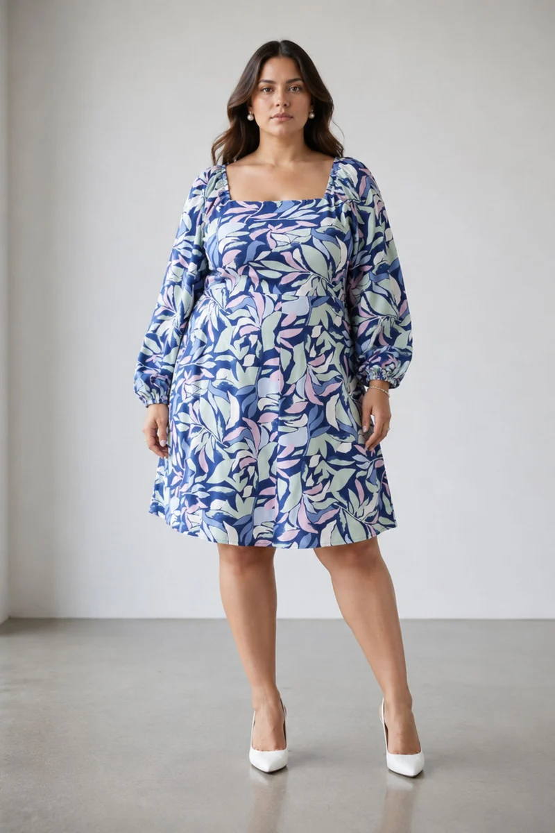 Cadie|100% Viscose Printed Swetheart Neck Dress