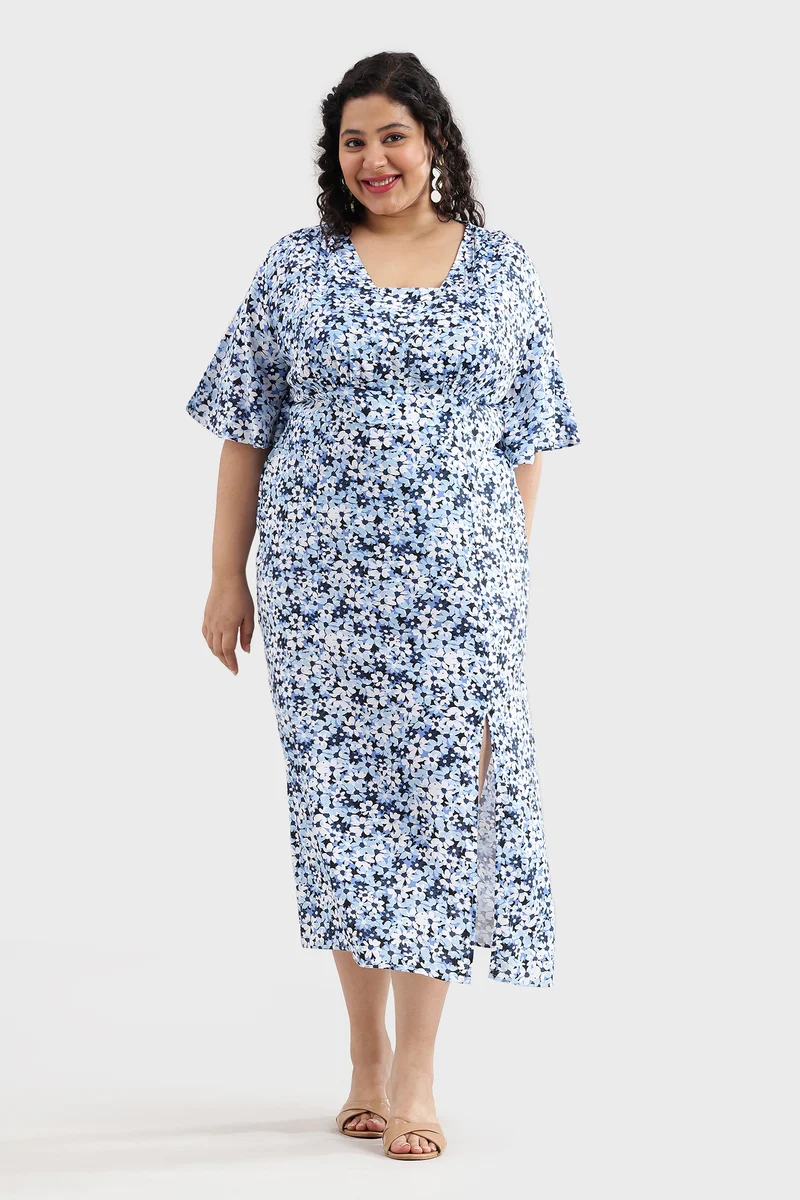 Besel|100% Viscose Printed Side Slit Midi Dress