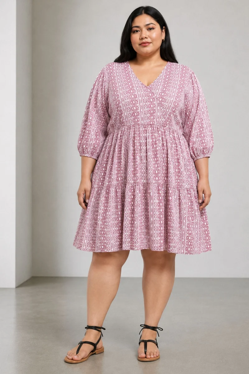 Caly|100% Viscose Printed V-Neck Midi Dress