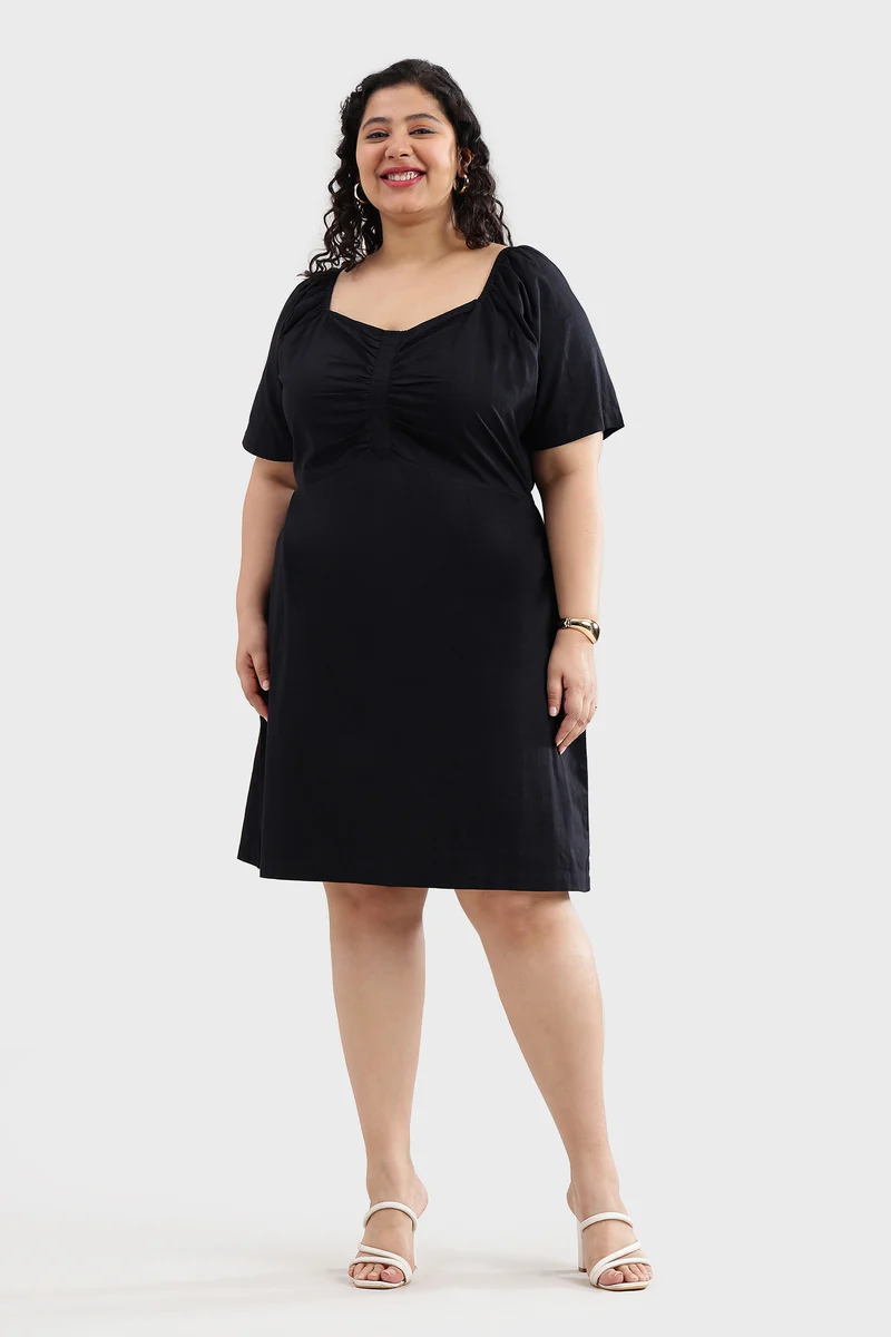 Sayel|100% Cotton Sweetheart-Neck Midi Dress