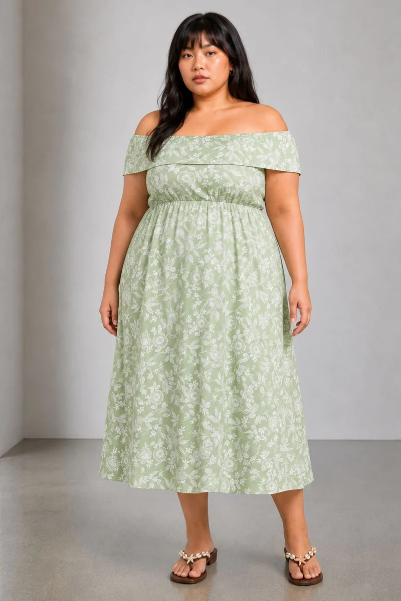 Betis|100% Viscose Printed Off-Shoulder Maxi Dress