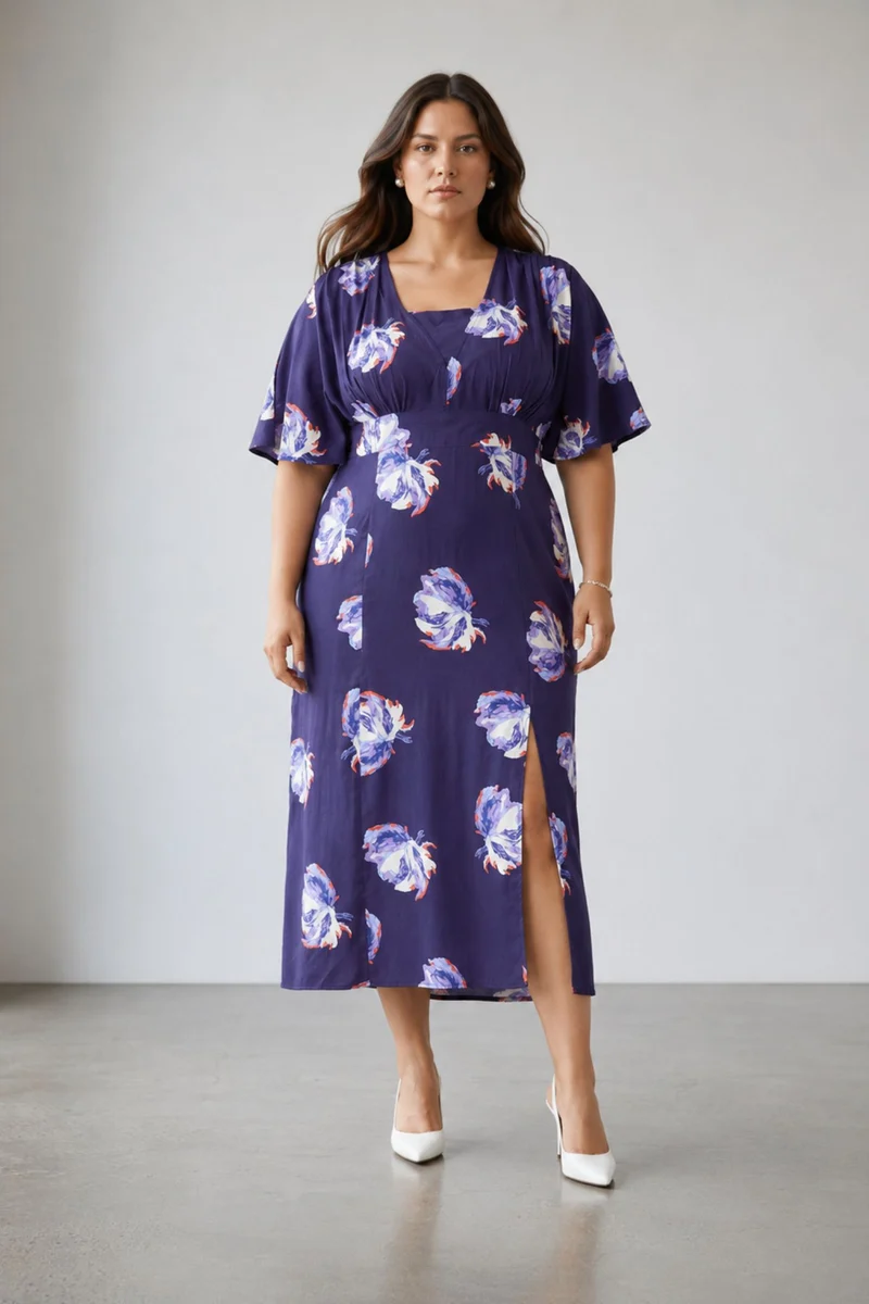 Besen|100% Viscose Printed Side Slit Midi Dress