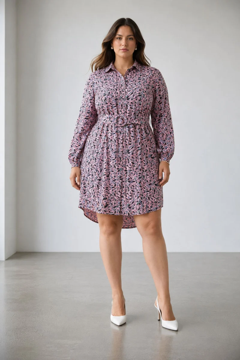 Caiie|100% Viscose Printed Shirt Dress With Belt