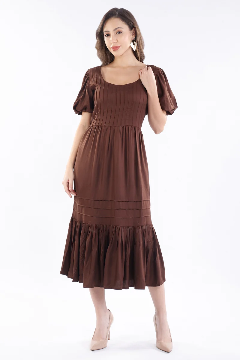 Shiori|100% Viscose Pintuck Midi Length Dress