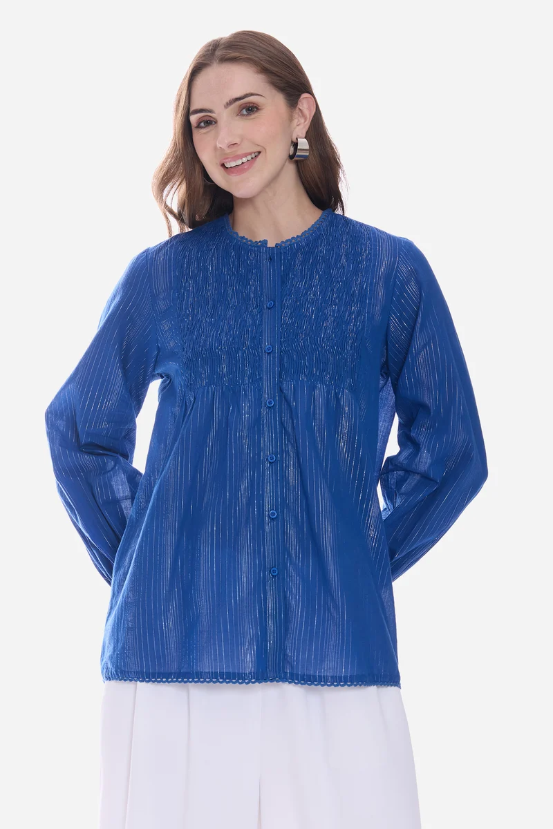 Elvel|100% Cotton Smocked Shirt With Lace