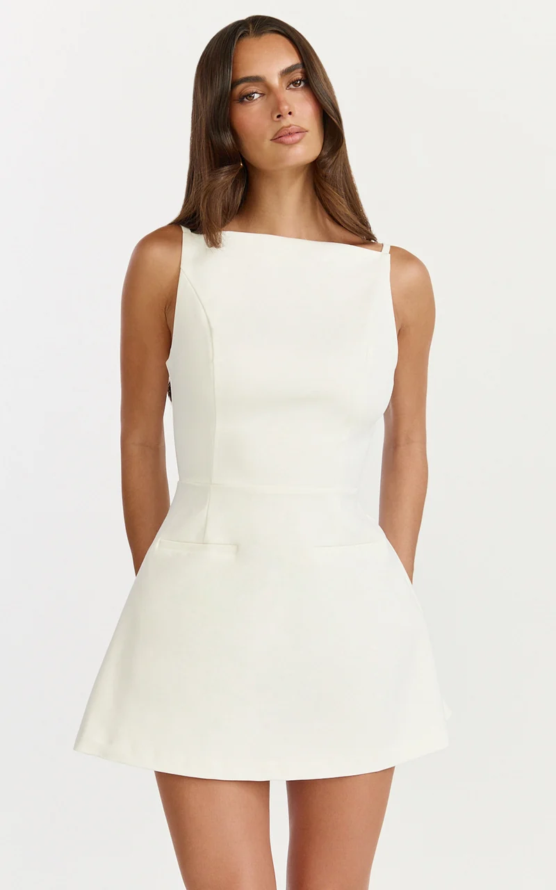 Eloise Playsuit - Straight Neck Fit And Flare Playsuit in White