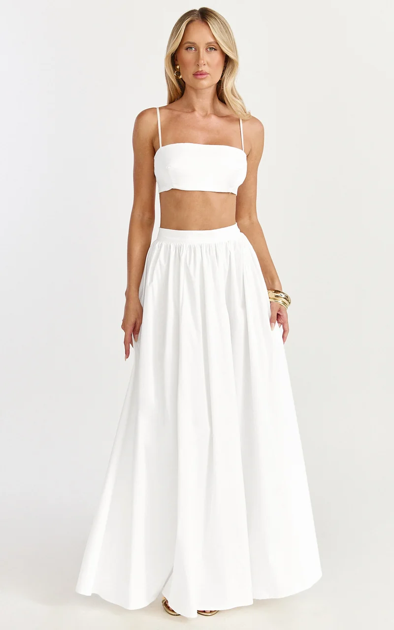 Tegan Two Piece Set - Straight Neck Micro Crop Top and A Line Maxi Skirt Set in White