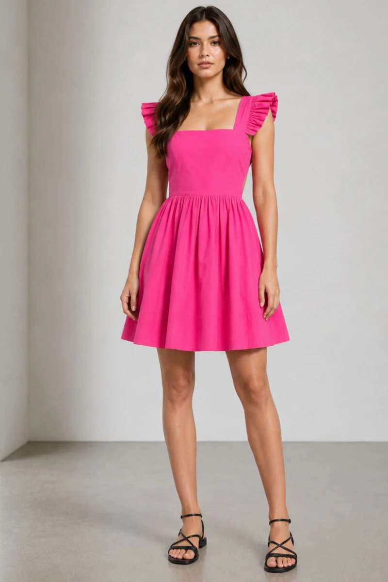 Olmia|100% Cotton Back Bow Tie-Up Peplum Dress