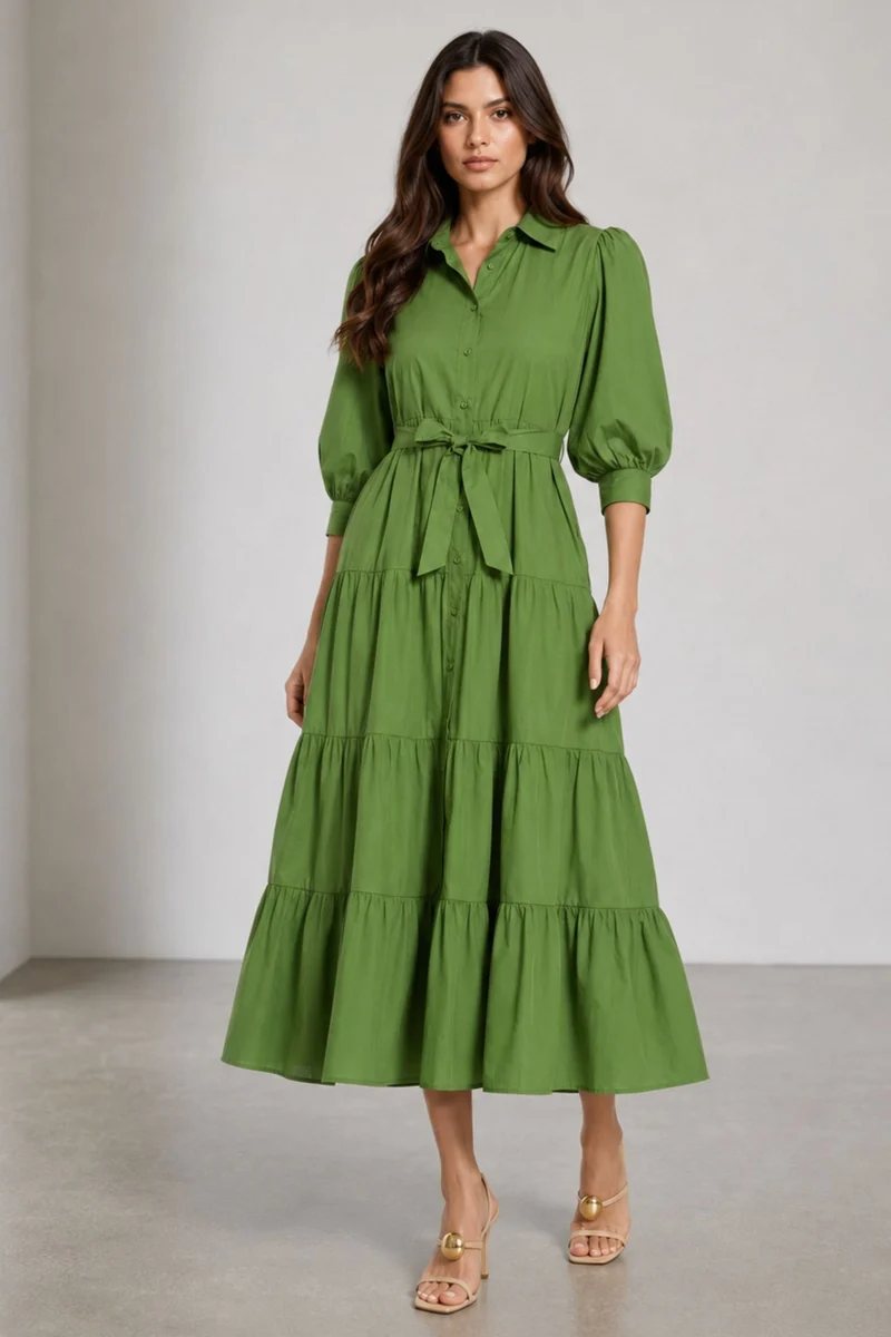 Oltel|100% Cotton Tiered Maxi Dress With Belt