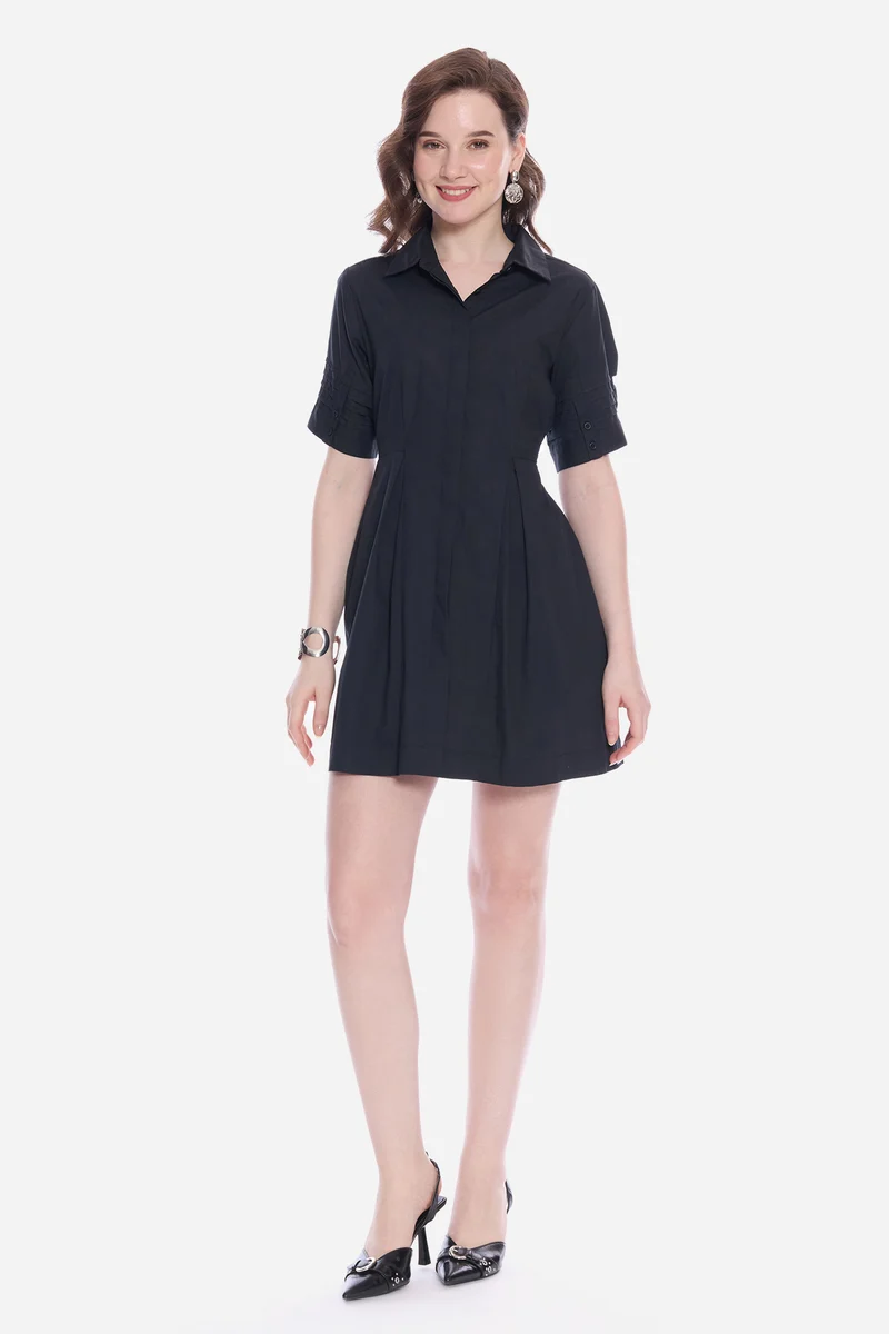 Mavel|100% Cotton Pleated Sleeves Shirt Dress