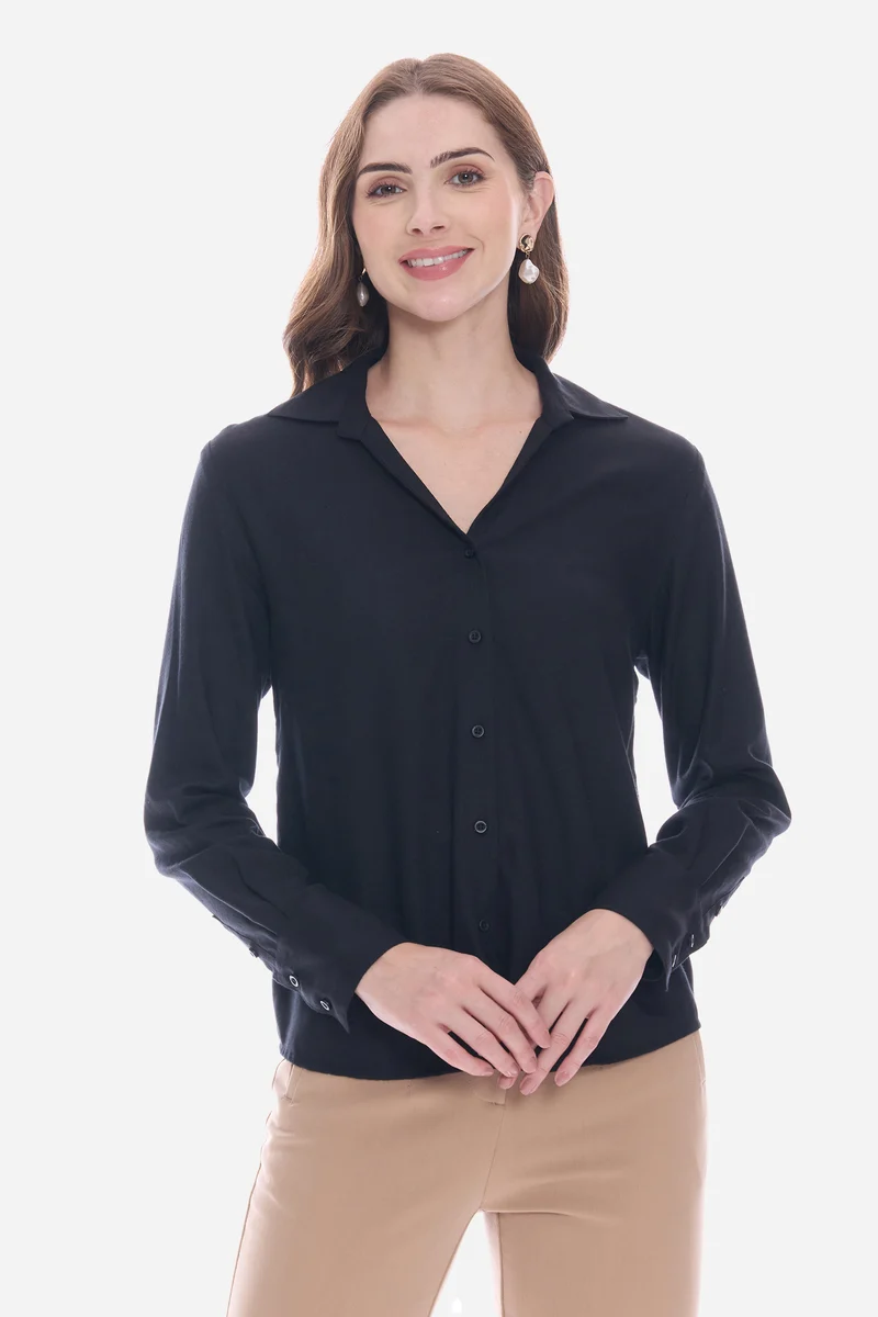 Natie|100% Viscose Relaxed V-Neck Collared Shirt